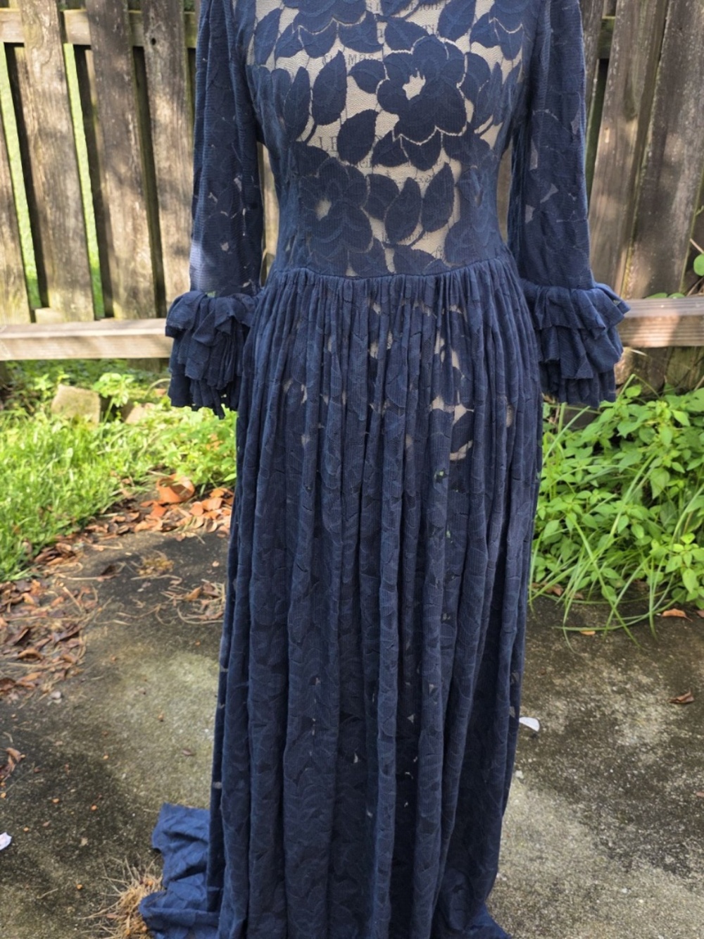 Elegant Navy Blue Floral Lace Maxi Dress - Picture 2 of 7